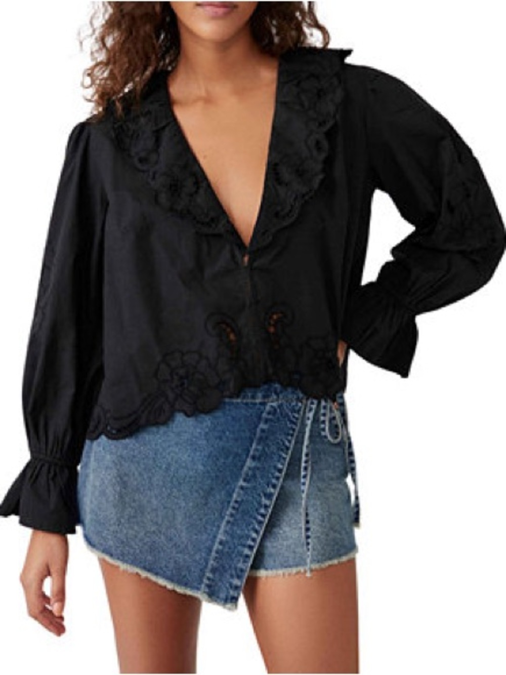 Free People Maisie Black Cutwork Eyelet Ruffle Blouse Top Size Small